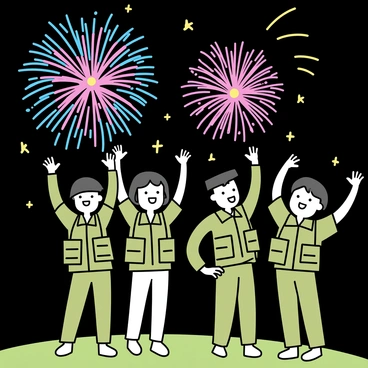 A group of four soldiers, dressed in camouflage uniforms, stands together on a grassy hill. Their expressions are joyful and triumphant as they raise their arms in celebration. In the background, colorful fireworks burst in the night sky, illuminating the scene with vibrant reds, blues, and golds. The glow from the fireworks reflects off the soldiers’ faces, highlighting their excitement. The dark sky contrasts with the bright lights of the fireworks, creating a dynamic atmosphere of victory and festivity.