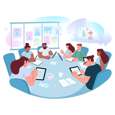 A group of illustrators is gathered around a large table in a vibrant office space. Each illustrator is focused on their sketch pads and digital tablets, showcasing a variety of illustrations for a graphic novel. The room is adorned with colorful artwork pinned to the walls, depicting characters and scenes from the novel. There are sketchbooks scattered across the table, along with a few coffee mugs and art supplies. Large windows let in natural light, creating a bright atmosphere. In the background, one illustrator is discussing ideas with a colleague, while another is deeply immersed in drawing.
