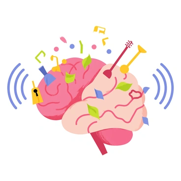 A brain with musical notes flowing from one hemisphere, accompanied by instruments and sound waves