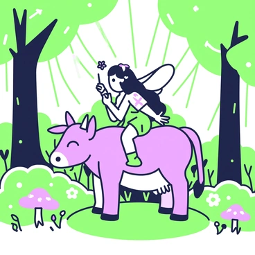 A forest scene filled with tall trees and vibrant foliage. In the center, there is a two-headed calf standing on a patch of grass, each head with distinct expressions. A fairy with delicate wings is sitting on the calf's back, her hair flowing gracefully. She is wearing a dress made of leaves and flowers, and she holds a small wand that sparkles. Surrounding them are colorful flowers and mushrooms, adding to the enchanting atmosphere of the forest. Sunlight filters through the leaves, casting patterns of light and shadow on the ground.