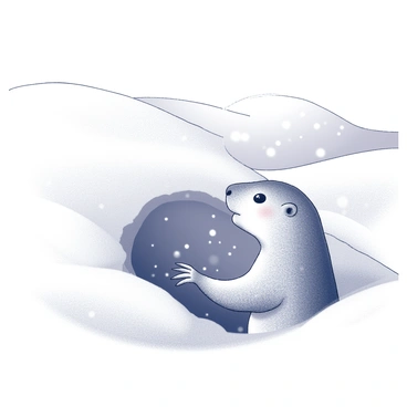 A groundhog is positioned at the entrance of its burrow. Its head is slightly raised, with its eyes wide open, gazing into the surrounding snowy landscape. The groundhog's fur is textured, showing the details of its coat. The burrow is partially obscured by snow, with mounds of white powder surrounding it. In the background, there are gently rolling hills covered in a thick blanket of snow, creating a serene winter scene. Flurries of snowflakes can be seen drifting down from the sky, adding to the chilly atmosphere.