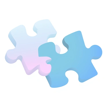 Two interlocking puzzle pieces are positioned closely together, with one piece slightly overlapping the other. The puzzle pieces are depicted in contrasting colors, showcasing a smooth and glossy texture. A simple, soft gradient background enhances the focus on the puzzle pieces, emphasizing their shapes and edges. The scene conveys the idea of connection and unity through the merging of the two pieces.