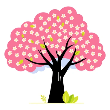 A large tree with a sturdy trunk and a broad crown, covered in vibrant pink and white blossoms. The branches are thick and droop slightly under the weight of the countless flowers, creating a lush and colorful canopy. Delicate petals scatter around the base of the tree, forming a soft carpet on the ground. Bright green leaves peek out among the clusters of flowers, adding contrast to the vivid blooms. The sky is clear and blue, providing a perfect backdrop for this picturesque scene.