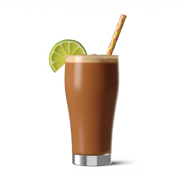 A clear glass filled with a thick, creamy tamarind smoothie, showcasing a rich brown color. The smoothie has a smooth texture and is topped with a frothy layer. A bright green slice of lime is placed elegantly on the rim of the glass, adding a pop of color. A colorful straw is inserted into the glass, slightly tilted. The background is softly blurred, emphasizing the refreshing drink as the main focus of the image.