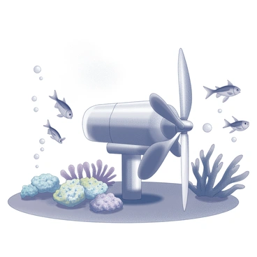 A submerged tidal energy turbine is positioned on the ocean floor, with its large blades extending outward. Surrounding the turbine, various marine life is depicted swimming gracefully. Fish of different shapes and sizes navigate around the turbine, while a group of colorful coral formations is visible nearby. Bubbles rise from the turbine, creating a dynamic atmosphere. The scene captures the interaction between technology and nature, showcasing the marine ecosystem thriving in close proximity to the turbine.