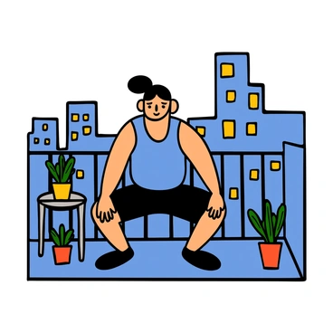 A person with medium skin tone and short black hair is performing squats on a small apartment balcony. The balcony is adorned with potted plants and a small table. In the background, a skyline view of tall buildings can be seen. The person is wearing a blue tank top and black athletic shorts. Their expression shows concentration as they engage in their exercise routine. The sun is shining, casting soft shadows on the balcony floor.