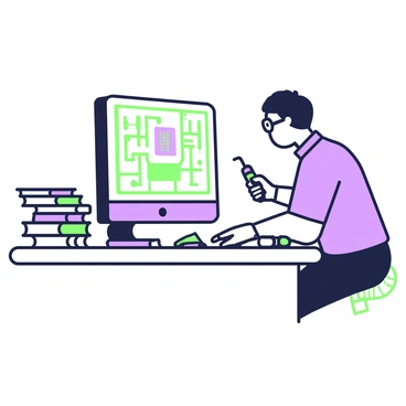 An engineer is sitting at a large desk, focused on designing a circuit board on a computer screen. The engineer has short hair and is wearing glasses, with a blue shirt and dark pants. On the screen, there is a detailed schematic of a circuit board, featuring various components and connectors. The desk is cluttered with tools, including a soldering iron and a small toolbox. Next to the computer, there is a stack of reference books related to electronics design, providing additional context for the engineer's work.
