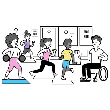A diverse group of people is engaging in a workout at a gym. There are individuals of varying ethnicities, including a Black woman with curly hair lifting weights, a South Asian man using a resistance band, and a white man in a wheelchair performing upper body exercises. A Latina woman is running on a treadmill, while a person with a hearing aid is doing yoga in the corner. The gym is equipped with various exercise machines, mats, and motivational posters on the walls.