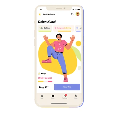An illustration of a fitness app interface displaying a bright and colorful screen. The interface shows a demonstration of a person performing donkey kicks, with the figure depicted in a cartoon style. The person has a determined expression, wearing a sporty outfit in shades of pink and blue. The background of the interface features colorful progress bars and motivational phrases like "Keep Going!" and "Stay Fit!" in bold, eye-catching fonts. The app interface is framed in a sleek, modern design, showcasing the various workout options available.