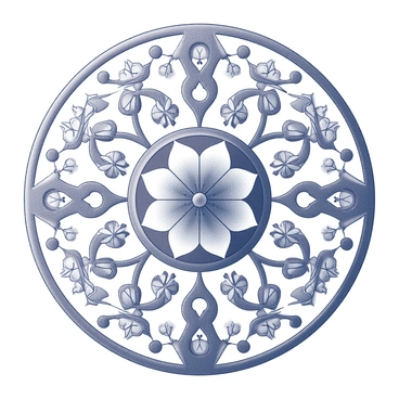 A circular mandala design featuring a complex arrangement of intricate patterns. The central portion showcases a large, stylized flower, with detailed petals radiating outward. Surrounding this flower are smaller floral motifs, interwoven with delicate vines and leaf shapes that create a sense of harmony. The composition is symmetrical, with various geometric shapes incorporating organic elements, enhancing the overall balance and complexity of the design. The patterns vary in detail, some being tightly woven while others are more open, allowing for a dynamic interplay across the mandala.