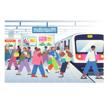 A busy city subway station features a central platform bustling with commuters. People of various ethnicities are walking briskly, some carrying bags while others are checking their phones. The platform is lined with gray tiles, and overhead, fluorescent lights illuminate the scene. Multiple advertisements in bright colors hang on the walls, showcasing local events and products. A subway train is pulling into the station, its doors open and ready to receive passengers. In the background, a digital display board shows arrival times in bold, clear letters.