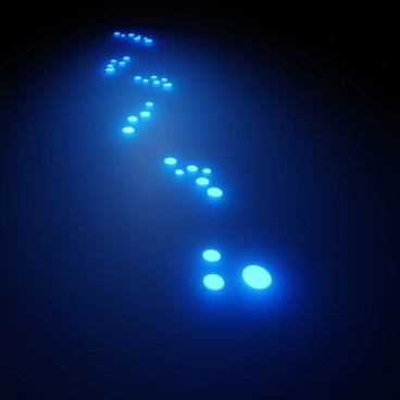 A series of digital footprints represented as glowing pixels, gradually fading and trailing off into the distance. The footprints are irregular in shape, with varying sizes, and they leave a shimmering trail that dissipates into a soft glow. The background features a smooth gradient that transitions from deep blue to black, emphasizing the ethereal quality of the digital footprints. Each footprint reflects hints of light, creating a dynamic and modern visual effect.
