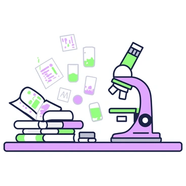 A laboratory microscope with slides and notes scattered on the table