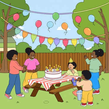 A vibrant backyard scene filled with a variety of colorful balloons floating in the air, some in the shape of animals and stars. A large, round birthday cake sits on a picnic table, decorated with bright icing and topped with lit candles. Several children with different skin tones and hairstyles are playing games, laughing, and having fun. One child is wearing a party hat and is about to pop a balloon, while another is holding a gift. The grass is lush and green, and there are colorful streamers hanging from nearby trees. A few party banners are strung across the yard, adding to the festive atmosphere.