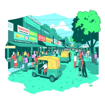A teal street filled with people, showcasing a bustling atmosphere in India. Various auto rickshaws in vibrant colors are weaving through the crowds of pedestrians, creating a dynamic scene. People of all ages are engaged in activities, some shopping at nearby stalls, while others are hailing rickshaws. Colorful banners and advertisements line the buildings, adding to the lively urban environment. The ground is textured with cobblestones, and a few trees are scattered along the street, providing patches of green amidst the busy surroundings.