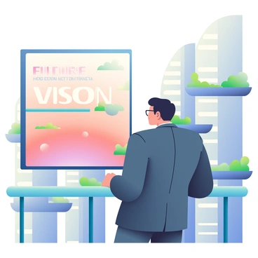 A visionary with short black hair and glasses is standing on a balcony, gazing at a futuristic city skyline. The skyline features tall, sleek buildings with smooth curves and shiny glass exteriors. The buildings are interconnected with green terraces filled with trees and plants. The sky is filled with soft hues of orange and purple, indicating sunrise or sunset. In the foreground, the visionary is wearing a tailored suit and has a thoughtful expression on their face, symbolizing hope and ambition. A large digital billboard in the background displays "Future Vision," showcasing the brand's innovative outlook.