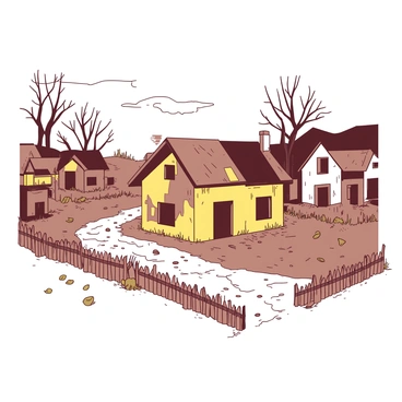 A deserted village is depicted with dilapidated houses, each having "boarded-up windows" that convey a sense of abandonment. The pathways are overgrown with "tall grass" and "weeds," weaving through the village and obscuring the worn cobblestones underneath. In the foreground, there is a "faded yellow cottage" with patches of "peeling paint," and a "rusted fence" surrounding it. The atmosphere is enhanced by the presence of "scattered leaves" that flutter in the breeze, adding to the feeling of neglect. In the background, there are "bare trees" that stand against a cloudy sky, completing the scene of desolation.