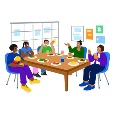 A group of diverse students sitting at a wooden table in the Kingston University cafeteria. The students are engaged in lively conversation while enjoying their meals. One student is holding a sandwich, another is sipping a drink from a brightly colored cup, and a third is laughing while gesturing with their hands. The cafeteria is filled with large windows, letting in sunlight, and colorful posters are displayed on the walls. Plates with various types of food, such as salads, pasta, and fruits, are scattered across the table.