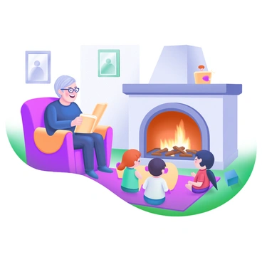 A cozy living room featuring a warm fireplace with a gentle glow. In front of the fireplace, a grandparent with gray hair and glasses is seated in a comfortable armchair, animatedly telling stories. Surrounding the grandparent are several children, sitting on colorful cushions and listening intently. The children are of diverse backgrounds, each showing curiosity and excitement. The room is decorated with family photos on the walls, and a soft rug covers the floor, adding to the inviting atmosphere. The flickering flames create a soft light that dances across the faces of the children.