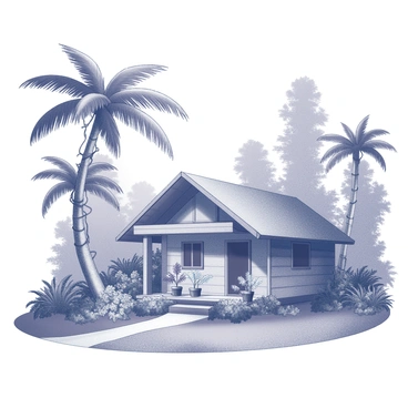A small hut constructed from natural materials sits at the edge of a dense tropical forest. The structure has a thatched roof and wooden walls, with a front porch adorned with a few potted plants. Surrounding the hut are tall, lush trees with broad leaves and tangled vines. The ground is covered in rich foliage, including ferns and underbrush. In the distance, towering trees rise high, their trunks thick and sturdy, creating a sense of seclusion for the hut. A gentle path leads from the hut into the forest, suggesting exploration.