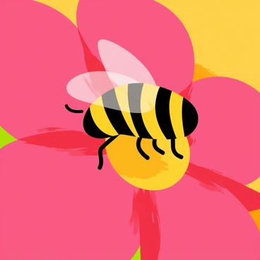 A close-up of a bee with yellow and black stripes, its wings glistening in the light, as it collects nectar from a bright red flower. The flower has large, vibrant petals with a detailed center featuring a yellow stamen. The bee is shown positioned on the flower, with tiny droplets of nectar visible on its legs. The background is softly blurred, highlighting the vivid colors of the bee and the flower.