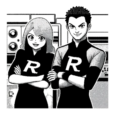 Two Team Rocket members, a man and a woman, stand side by side with mischievous grins on their faces. The man has sleek black hair styled in a sharp bob and is wearing a form-fitting outfit with a bold letter "R" emblazoned on his chest. He has a confident posture, with his arms crossed in front of him. The woman has long, flowing hair and is wearing a similar outfit, also marked with a prominent "R." She is leaning slightly forward, her hands on her hips, showcasing excitement. Behind them, there are metallic devices and gadgets, suggesting an environment related to their schemes. Their expressions convey a sense of triumph and revelry in their cunning success.