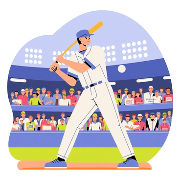 A baseball player in a classic white and blue uniform is positioned in the batter's box, swinging a wooden bat with great intensity. The player has a determined expression, and the bat is mid-swing, aimed at a soaring baseball. A crowd of enthusiastic spectators fills the stadium, with various fans wearing caps and holding signs, all focused on the action. The background features bright stadium lights shining down on the field and a clear blue sky above.