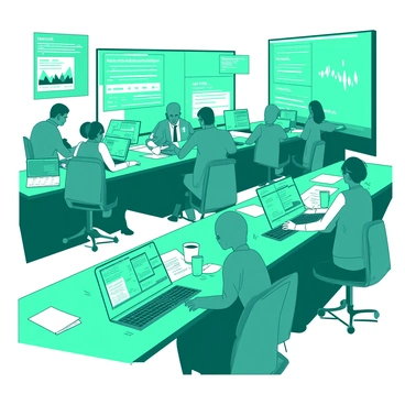 A teal newsroom is bustling with activity. Several reporters are sitting at long desks filled with numerous keyboards, each focused on their work. Some reporters are intently typing on their keyboards, while others are engaged in making phone calls, holding phones to their ears. Papers, notepads, and coffee cups are scattered across the desks. Bright screens illuminate the space, displaying various news updates in the background. The atmosphere is filled with the sounds of typing and conversation, creating a dynamic environment.