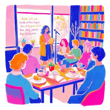 A cozy café setting features warm wooden tables and soft, dim lighting. In the center, a small stage is set up with a microphone stand. A poet stands at the microphone, holding a notebook, with an expression of passion as they read heartfelt verses about "love" and "acceptance." The audience is seated at tables, listening intently, with a mix of expressions ranging from thoughtful to amused. On the tables, there are steaming cups of coffee, pastries on small plates, and a few potted plants adding to the inviting atmosphere. A bookshelf lined with books is visible in the background, enhancing the literary vibe of the café.