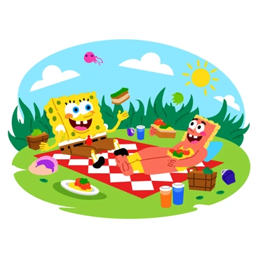 A vibrant picnic setup on a grassy patch in Jellyfish Fields, surrounded by lush green seaweed and colorful jellyfish floating in the background. "SpongeBob SquarePants" is sitting on a red-and-white checkered blanket, wearing his signature square pants and a big smile, while he's holding a sandwich filled with lettuce and tomato. Beside him, "Patrick Star" is lounging comfortably, with a cheerful expression, as he takes a big bite of his own sandwich, which is overflowing with ingredients. Colorful picnic items, including a basket, juice boxes, and a plate with fresh fruits, scatter around the blanket, adding to the lively scene. The sun shines brightly overhead, casting playful shadows on the ground.
