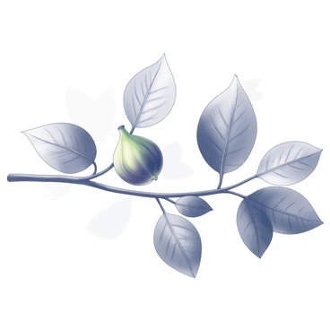 A branch is shown extending horizontally, with a single fig fruit that is just beginning to blossom. The fig is round and slightly green, with delicate folds forming as it develops. The branch has several large, lush leaves around the fig, displaying intricate vein patterns. The background features blurred hints of additional foliage, suggesting a natural setting.