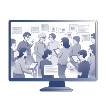 A crowded online marketplace is depicted on a digital screen. Various customers are engaged in animated discussions. Some are leaning closer to their devices, with raised eyebrows and concerned expressions. Other shoppers are pointing at their screens, showing interest in what appears to be dubious deals. The background includes chat bubbles and icons representing various products. Some users are shown with exaggerated facial expressions, emphasizing their skepticism about the offers. The overall composition captures a sense of urgency and curiosity among the participants.