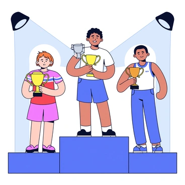 Three athletes standing on a podium at a competition. Each athlete is wearing a distinct uniform, representing their respective countries. The first athlete is holding a gleaming gold trophy, the second athlete is holding a silver trophy, and the third athlete is holding a bronze trophy. Bright spotlights illuminate the scene, casting sharp shadows on the podium. The background features a blurred crowd, emphasizing the focus on the athletes and their trophies.