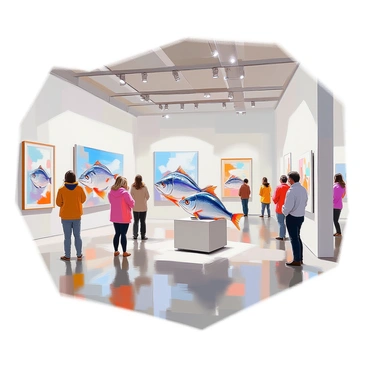 A modern art gallery interior featuring a variety of artistic interpretations of "halibut." Several large canvases are hung on the white walls, each showcasing different styles and techniques in portraying the fish. There are sculptures of halibut made from various materials, including metal and glass, positioned on pedestals throughout the space. Visitors can be seen observing the artworks, engaging in discussions, and taking notes. The lighting is bright and highlights the details in each piece, creating an inviting atmosphere for art appreciation.