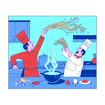 In a duotone illustration, a blue kitchen is filled with comic book-style details. Two chefs, one wearing a red chef's hat and apron and the other in a white chef's outfit, are engaged in a playful noodle fight. The chef in red is swinging a long strand of spaghetti above his head, and strands of spaghetti are flying through the air. The chef in white is laughing, dodging the noodles while holding a handful of spaghetti in both hands, ready to launch it back. Various kitchen utensils and ingredients are scattered around, adding to the lively atmosphere. A pot of boiling water is on the stove, with steam rising from it, enhancing the comedic chaos of the scene.