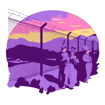 A group of soldiers in military uniforms is patrolling a tall border fence. The soldiers are alert, with one holding binoculars while another checks the perimeter. The landscape around them features rolling hills and sparse vegetation. Above them, the sky is filled with a vibrant sunset, displaying a transition of colors from {color_1} to {color_2}. The fence stretches prominently across the scene, with barbed wire visible at the top, and there are shadows cast by the setting sun highlighting the soldiers' determined expressions.