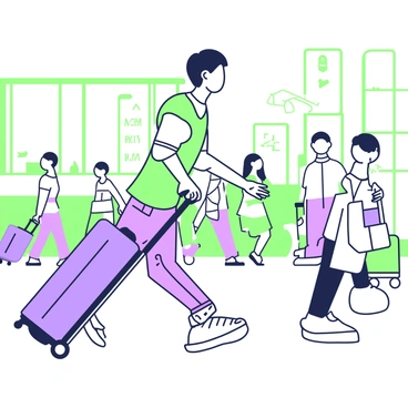 A traveler is pulling a suitcase on wheels through an airport terminal. The suitcase is blue with a retractable handle. The traveler has short hair and is wearing a casual t-shirt and jeans. The traveler is leaning slightly backward, indicating the applied pulling force. Their right arm is extended, grasping the suitcase's handle. The background includes airport signs and travelers moving in various directions, with benches and large windows letting in natural light. There are scattered luggage trolleys nearby.