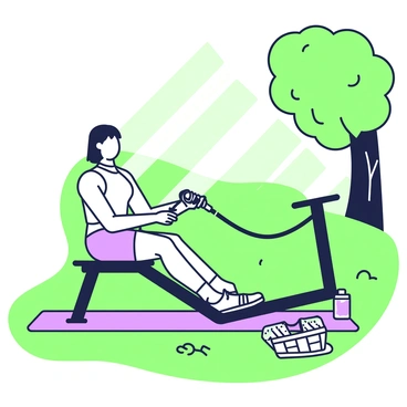 A person is seated on a cable rowing machine in a lush park setting. The individual has a focused expression while pulling the cable handle towards their abdomen. They are wearing athletic attire, consisting of a fitted tank top and shorts. The machine is positioned on a mat, with the park's vibrant green grass and large trees providing a natural backdrop. Sunlight filters through the leaves, casting playful shadows on the ground. Nearby, a picnic blanket with a basket and a water bottle can be seen, suggesting a leisurely day at the park.