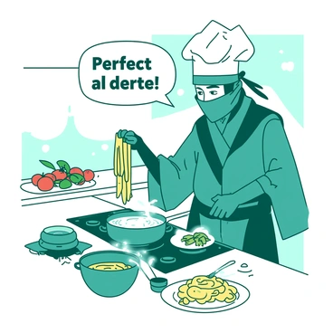 A teal ninja chef wearing a traditional ninja outfit is skillfully preparing pasta dishes in a white kitchen. The chef is focused on a pot of boiling water on the stove, with strands of uncooked pasta in one hand. Various ingredients, including tomatoes and basil, are arranged neatly on the counter. The dim lighting casts shadows across the kitchen, highlighting the chef's concentrated expression as he moves with precision and agility. A comic-style speech bubble emerges from the chef's mouth, containing the phrase "Perfect al dente!"