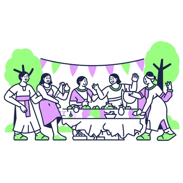 A lively ancient Greek wine festival is taking place in a picturesque setting. In the foreground, a group of people are dancing joyfully, wearing traditional garments and sandals. They have bright expressions and are engaging in dynamic movements. Some individuals play lyres, their fingers skillfully strumming the strings. In the background, there are tables laden with amphorae filled with wine and platters of fruits. Colorful banners and garlands are hung around the area, adding to the festive atmosphere. Olive trees can be seen lining the sides, providing a natural frame to the celebration.