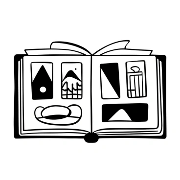 An album with an open cover displaying pages filled with various paintings. Each page showcases a different painting featuring abstract shapes and patterns. The paintings cover a range of themes, including landscapes, still lifes, and geometric designs. The background includes the edges of the album, with the spine visible on the side.