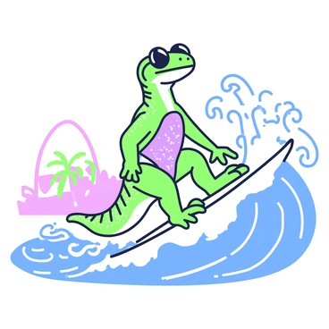 A cartoon lizard is surfing on a wave. The lizard has bright, textured skin and is wearing oversized sunglasses. It is also dressed in a colorful swimsuit that contrasts with its scales. The wave is dynamic, curling above the lizard, showcasing splashes of water around. The lizard is maintaining a balanced posture on the surfboard, with its tail extended for stability. In the background, there are hints of a beach with distant palm trees softly outlined.