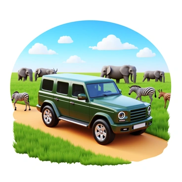 A G-Wagon in a safari setting. The vehicle is parked on a dirt path, showcasing its rugged design and glossy finish. Surrounding the G-Wagon, there are various wildlife animals including a zebra grazing nearby, a group of elephants in the background, and a few gazelles darting through the tall grass. The grass is lush and green, swaying gently in the breeze. The sky above is clear with a few fluffy clouds, creating a vibrant atmosphere.