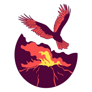 A bird is soaring high above a volcano, its wings resembling molten lava with dynamic, flowing patterns. The volcano below is active, with thick plumes of smoke and glowing orange lava spilling from its crater. The bird's body is silhouetted against the bright and intense colors of the lava, creating a striking contrast. The sky surrounding the scene is a deep shade, enhancing the vividness of the lava-like wings. The overall composition captures the power of nature in motion.