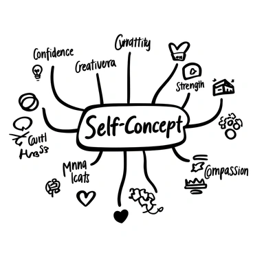 A black-and-white illustration of a mind map with intricate branches extending outward. Each branch contains the words "Confidence," "Creativity," "Strength," and "Compassion," among others. Various images are interspersed throughout the map, including symbols like a light bulb for ideas, a heart for compassion, and gears for creativity. The central node features the phrase "Self-Concept" prominently displayed. The overall layout is organized yet dynamic, with lines connecting the words and images to signify relationships between the concepts.