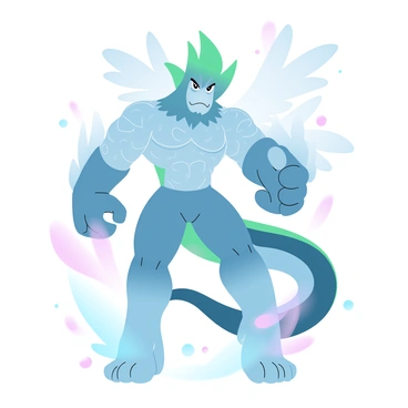 A fantasy creature stands tall with a muscular build, showcasing a blend of various animal features. Its body is covered in shimmering scales that transition from deep blue at the bottom to a vibrant green at the top, reflecting light in gradient hues. The creature has elongated limbs with strong claws, emphasizing its agility and strength. Its back is adorned with feathery appendages that flow like a cape, adding to its majestic appearance. A long, serpentine tail wraps around its feet, adding stability and balance. The creature’s posture is confident, suggesting a guardian of its mystical realm. Surrounding it are luminescent plants that glow in soft, pastel colors, enhancing the overall fantastical atmosphere.