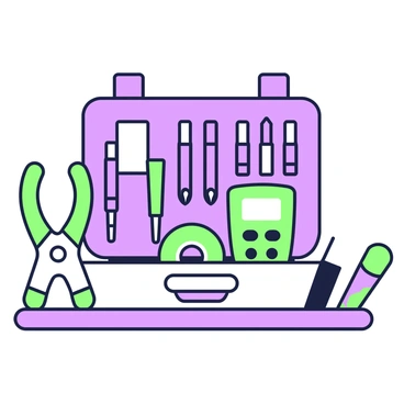 An open toolkit is displayed on a flat surface. The toolkit is organized with various essential tools for an electrician. On one side, there is a pair of green insulated pliers with rubber grips, next to a purple screwdriver with a contrasting handle. A green roll of electrical tape is positioned near the center. Several purple wire strippers are arranged beside a green multimeter, which features a digital display. In the background, a set of purple connectors is visible, alongside a green LED flashlight.