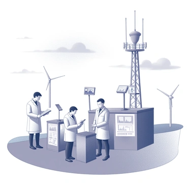 A weather station situated on a hillside, equipped with various meteorological instruments. Several scientists dressed in lab coats are gathered around multiple devices, including an anemometer and a barometer, actively recording atmospheric data. One scientist is using a tablet to input measurements, while another points to a graph displayed on a portable screen. The surroundings show a sky filled with clouds, indicating changing weather conditions. The scene includes a tall observation tower with antennae and wind turbines nearby, contributing to the station's infrastructure.