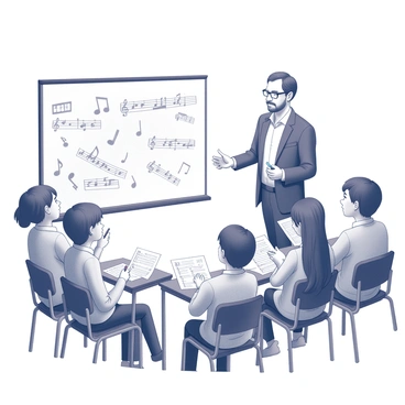 A music scholar stands in front of a whiteboard. The whiteboard is filled with various music notes and symbols, illustrating different musical concepts. The scholar, depicted with focused expressions, gestures towards the notes as if explaining their significance. Around the scholar, a group of attentive students is seated at desks, holding music sheets and writing instruments. The students are looking towards the whiteboard, some taking notes, while others appear to be engaged in discussion. The classroom setting is organized, with additional music-related materials visible in the background.
