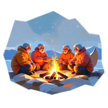 A group of Inuit elders, each with distinct features and traditional clothing, is gathered around a warm, crackling fire. The elders are animatedly sharing tales of the sea, their faces illuminated by the flickering flames. The scene captures various expressions of joy and contemplation as they engage with one another. In the background, a traditional canoe rests on the ground, crafted from natural materials, complementing the rugged surrounding landscape. The night sky above is a deep blue, with stars twinkling faintly, adding to the atmosphere of storytelling. The firelight creates a cozy glow, highlighting the wisdom and experience in the elders' eyes.
